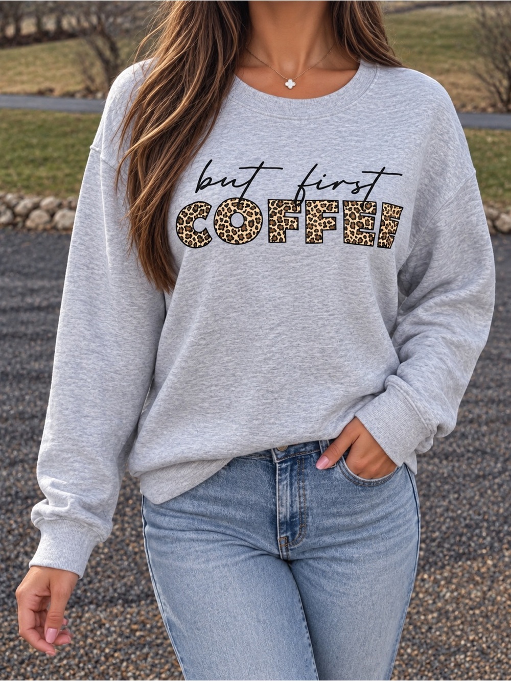 “But First Coffee” Leopard Print Graphic Sweatshirt - Light Gray